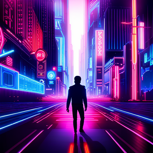 psychedelic colors, futuristic neon lights, megastructures, retrofuturism, cyberpunk, arcade machines, generation, chaos, digital sparks, rhythmical patterns