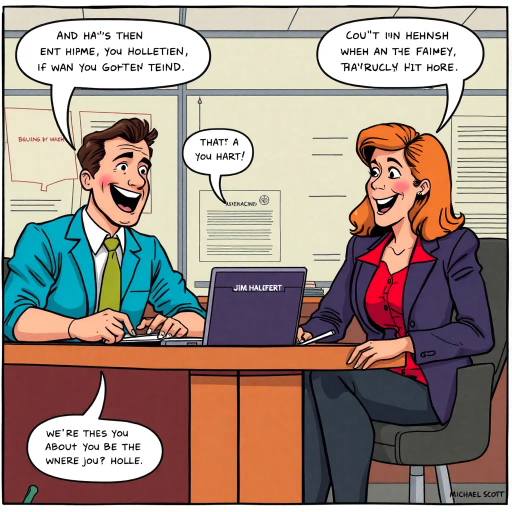 satirical workplace dynamics, humorous situations, colorful characters, Jim Halpert, Pam Beesly, mockumentary style, lively banter, office antics, playful tone, exaggerated expressions, narrative humor, corporate setting, vibrant palette, dynamic panels, exaggerated scenarios, comedic timing, slice of life, workplace comedy, Michael Scott, sitcom classic, Roy Lichtenstein influence, pop art aesthetic