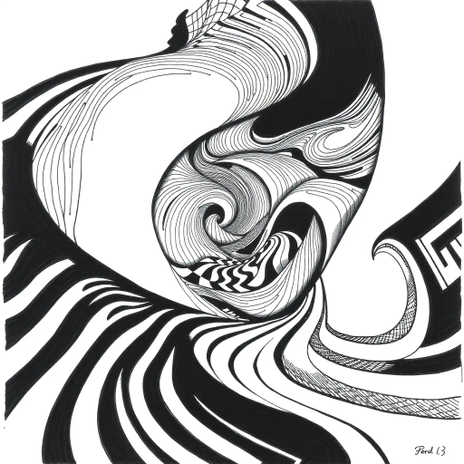 geometric shapes, intricate patterns, flowing lines, minimalist design, abstract expression, monochrome palette, dynamic movement, M.C. Escher influence, precise detailing, linear perspective, conceptual exploration, visual harmony, contour emphasis, spatial depth, contemporary influence, surreal geometry, optical illusion, mathematical artistry, avant-garde composition, abstract forms, pen and ink medium, black and white contrast, intersecting lines, detailed tessellation, fluid dynamics, rhythmic patterns, creative geometry, fine linework, subtle gradients, modern abstraction, artistic innovation, interlocking forms, infinite loops, Escherian landscapes, artistic paradox