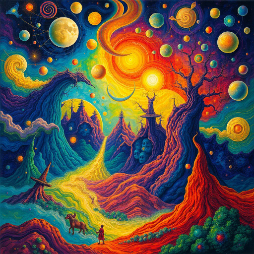 vivid tapestry, ethereal forms, surreal landscapes, vibrant hues, intricate details, organic patterns, dynamic composition, mystical symbols, fluid movement, luminous atmosphere, transcendental experience, glowing light, dreamlike quality, paradoxical balance, Salvador Dali, Max Ernst, imaginative realms, whimsical creatures, lush forests, philosophical undertones, cosmic scale, enchanting aura, profound symbolism, flowing lines, ancient myths, spiritual motifs, boundless potential, creative energy, life essence