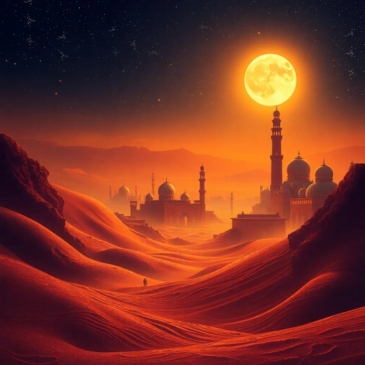 Arabian nights, mystical landscapes, intricate patterns, warm desert hues, golden sands, oasis reflections, rich jewel tones, minarets in moonlight, cultures of the Middle East, warmth and mystery, exotic silks, swirling calligraphy, star-studded skies, tales of Scheherazade, enchanted lamps, Bedouin tents, desert caravans, Lawrence of Arabia, vibrant bazaars, flowing robes, ancient cities, Moorish influences, Aladdin's adventures, visual storytelling, atmospheric depth, opulent textures, dreamlike setting