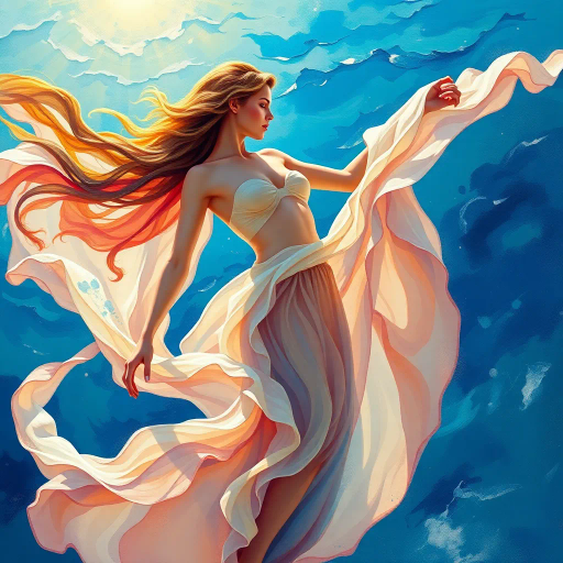 graceful, ethereal, sunlit, renaissance, Botticelli-inspired, vibrant colors, flowing fabric, soft contours, abstract realism, oceanic background, azure hues, delicate brushstrokes, dynamic composition, sun-kissed, serene expression, liberating movement, artistic nudity, impressionistic textures, harmonious balance, timeless beauty, emotive palette, chiaroscuro lighting, cultural diversity, immersive perspective, transcendent elegance, radiant illumination, ethereal glow, harmonious rhythm, soft transitions, sublime light, cultural tapestry, visual poetry, serene harmony, dreamlike atmosphere, radiant illumination, dynamic composition, emotive palette