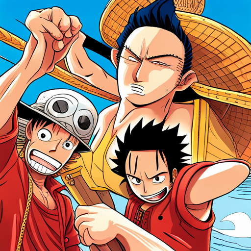 One Piece characters, manga, anime, Shonen Jump, Eiichiro Oda, Japanese style, action-packed, vibrant colors, dynamic poses, pirate theme, sea adventure, Straw Hat Pirates, Monkey D. Luffy, Roronoa Zoro, Nami, Usopp, Sanji, Tony Tony Chopper, Nico Robin, Franky, Brook, Grand Line, Devil Fruits, Haki, epic battles, humor, friendship, determination, exploration, treasure hunt, world-building, marine admirals, Yonko, epic saga, power levels, character development, supernatural abilities, visual storytelling, emotions, honor, loyalty, justice, iconic character designs, intricate costumes, distinct personalities, unique character quirks, childhood dreams, Nakama