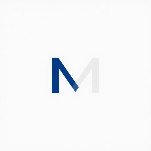 bold M logo mark, solid geometric letter, structured layers, subtle thin horizontal connector lines, indigo on white, modern minimal SaaS branding, flat vector, modernist simplicity, Bauhaus influence, clean design, minimalist aesthetics, structured composition, primary color palette, geometric precision, visual balance, negative space utilization, corporate identity, digital branding, contemporary design language, clarity in form
