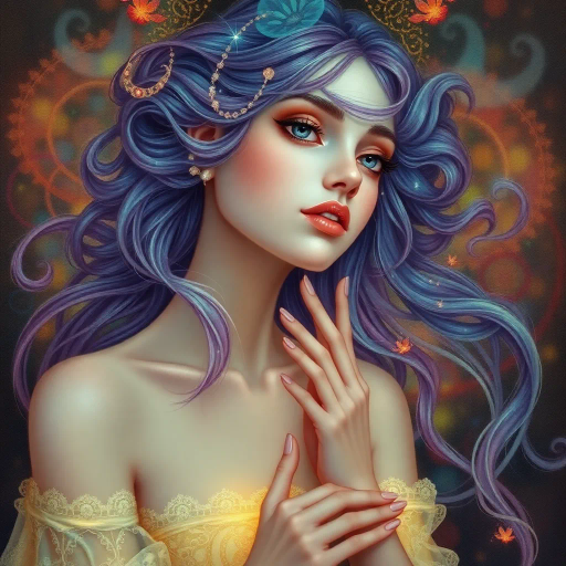 ethereal goddess, renaissance-inspired, chiaroscuro lighting, serene expression, surrealism, bold brushstrokes, celestial colors, flowing robes, delicate textures, vibrant jewel tones, intricate detailing, mystical aura, vaporwave influences, dreamlike atmosphere, novel perspective, modern reinterpretation, dynamic composition, timeless elegance, abstraction, metaphorical essence