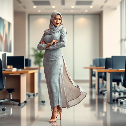 Arab woman, elegant hijab, professional setting, modern workplace, high heels, Middle Eastern culture, contemporary art, intricate patterns, vibrant colors, soft lighting, dynamic pose, cultural expression, delicate fabrics, office environment, confident demeanor, sophisticated fashion, grace and poise, diverse representation, cultural fusion, empowerment, modernism, Impressionism influences, human form, balance and harmony, Henri Matisse, modern elegance, intricate textile patterns, vibrant aesthetic, global influence, artistic expression, dignity and strength, atmospheric composition, elegant lines, harmonious palette, seamless integration, modern artistry