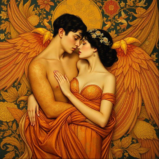 seductive elegance, ethereal allure, vivid passion, romantic symbolism, soft curves, glowing warmth, surreal intimacy, flowing garments, Baroque flair, chiaroscuro, gentle brushstrokes, rich textures, vibrant hues, mythical romance, evocative glance, candlelit setting, ornamental details, luxurious fabric, dreamlike atmosphere, sensual poise, enigmatic aura, fantasy realms, classical influences, timeless beauty, tender expression