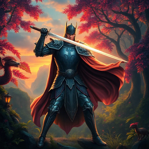 mythical knight, sword drawn, enchanted forest, vibrant foliage, dusk lighting, dynamic pose, Arthurian legend, realm of magic, ethereal glow, rich textures, romanticism, epic scale, mystical creatures, delicate details, heroic atmosphere, shimmering armor, surreal landscape, allegorical journey, renaissance influence, narrative depth