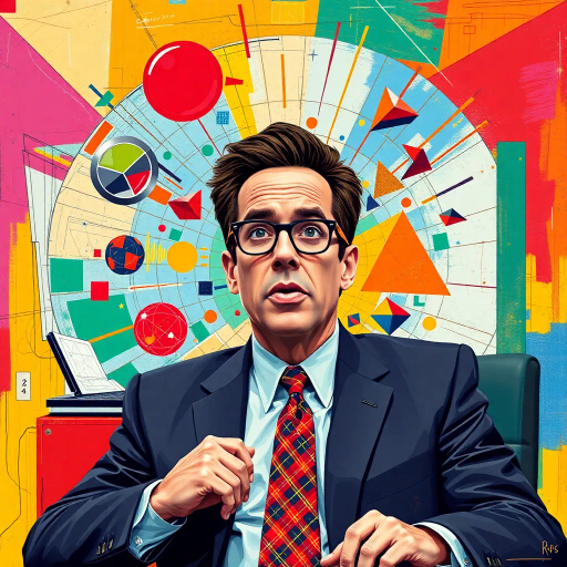 Michael Scott, The Office, geometric shapes, abstract expressionism, vibrant colors, humorous tone, postmodern influence, dynamic composition, surreal elements, cultural commentary, geometric patterns, bright lighting, satirical symbolism, vivid contrasts, playful textures, energetic lines, contemporary setting