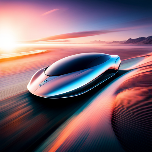 futuristic design, high-tech, sleek aerodynamics, asymmetry, carbon-fiber, holographic and neon-lit accents, levitation, dynamic and chrome-plated jet-inspiration, transparent and modular, fast movement, AI-controlled, sustainable materials