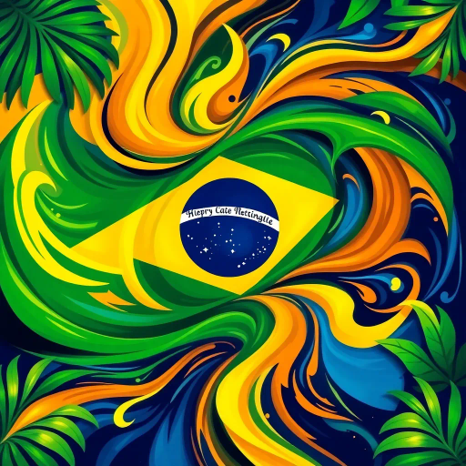 vibrant colors, swirling movement, tropical allure, Brazilian flag, geometric precision, cultural celebration, Carnival inspiration, abstract shapes, bold contrast, energetic flow, Rio de Janeiro, lush greens, radiant yellows, deep blues, chromatic harmony, festive spirit, national pride, rhythmic patterns, dynamic composition, joyful exuberance, modern interpretation