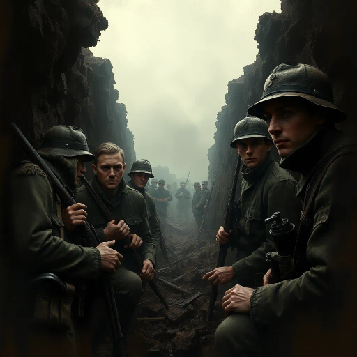World War I soldiers, hiding, muddy shell hole, mud, trench warfare, dramatic lighting, somber mood, detailed textures, rain-soaked, earth tones, devastation, James McNeill Whistler influence, realism, historical accuracy, period uniforms, earth and grime, tension, fear, close-up perspective, battle scene, immersive atmosphere, Claude Monet's brushwork, contrasting shadows, dark clouds, gritty realism, survival, human struggle, war-torn landscape, muted colors, emotional depth, chiaroscuro, historical narrative, defined lines, Henri Rousseau's surrealism