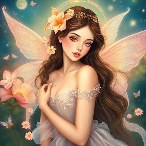 innocent young maiden, charming elegance, ethereal glow, inspired by Yoshitaka Amano, whimsical fantasy, serene ambiance, soft pastel hues, delicate brushwork, intricate lace textures, dreamlike scene, luminous lighting, gentle perspective, emotional warmth, magical atmosphere, fairy tale influences, graceful pose, art nouveau curves, enchanting forest backdrop, mythical creatures, serene expression