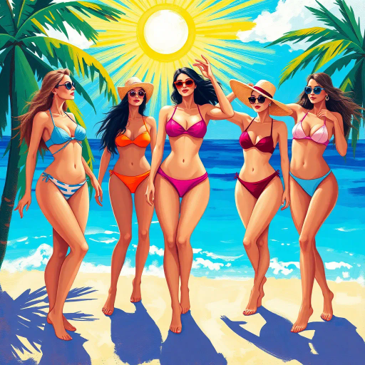 elegant ladies, bikinis, vibrant tropical scene, impressionism, soft brushstrokes, contemporary summer fashion, Henri Matisse influences, vivid colors, azure blue, coral pink, radiant sunshine, carefree mood, dynamic composition, fluid movement, artistic expression, diverse body types, ocean backdrop, playful atmosphere, multicultural influences, high contrast, light and shadow play, breezy textures, beachside elegance, panoramic view, leisure lifestyle, 21st-century visual storytelling