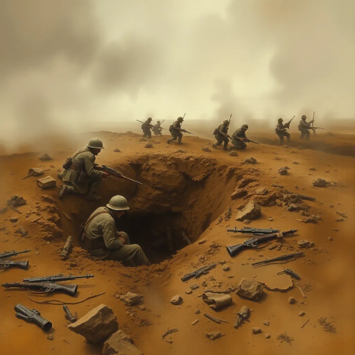world war i, soldiers, hiding, muddy, shell hole, crater, mud, expressionism, moody atmosphere, historical accuracy, muted earth tones, dramatic lighting, trench warfare, chaos, somber mood, intricate textures, wet surfaces, realism, emotional depth, tension, historical documentation, depth of field, James Montgomery Flagg, war photography inspiration, desperation, survival, fear, explosiveness, historical context, bleak landscape, attention to detail, poignant composition, narrative storytelling, historical influence, 1910s era