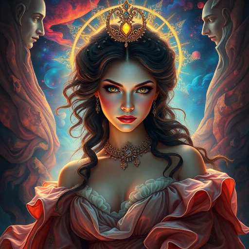 ethereal beauty, enchanted realms, vibrant hues, Renaissance ideals, surrealist undertones, Baroque opulence, dreamy ambiance, voluptuous forms, intricate details, Caravaggesque chiaroscuro, mythical allure, flowing fabrics, divine feminine, symbolic representation, otherworldly perspective, rich textures, captivating gaze, celestial glow, emotional depth, timeless elegance