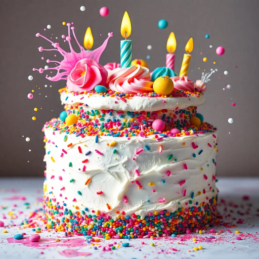 vivid birthday cake, intricate details, vibrant colors, surrealism, whimsical, dream-like, fantastical elements, splashes of paint, soft glow, celebratory mood, contemporary, dynamic composition, pastel hues, icing texture, multicolored sprinkles, playful elements, multi-layered structure, high contrast, delicate frosting, creative presentation, joyful ambiance, artistic flair, imaginative design, cake artistry, festive atmosphere, imaginative presentation, dynamic movement, Salvador Dali, Marc Chagall, pop-art influences, ethereal lighting, impressionistic brushstrokes, dream-like textures, visual harmony, chromatic splendor, joyous expression, cultural festivities, artistic visionary, enchanting scene