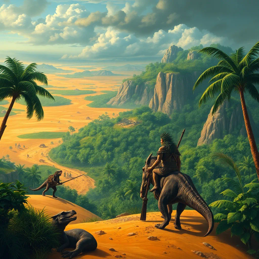 expansive panorama, prehistoric warriors, animal skins, dinosaur riders, lush oasis, distant desert view, vibrant greens, golden sands, dramatic lighting, adventurous mood, grand scale, dynamic composition, Henri Rousseau influence, tactile textures, primal essence, majestic creatures, timeless landscape, bold colors, intricate details, imaginative realm, epic journey, natural harmony