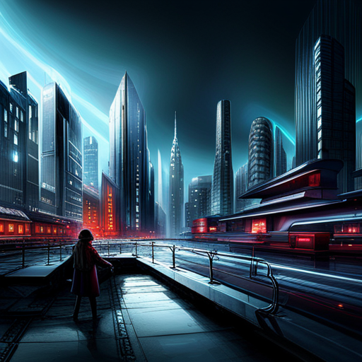 cyberpunk, neon lights, dystopian architecture, futuristic technology, urban sprawl, glowing signs, dark alleys, hi-tech skyscrapers, artificial intelligence, flying vehicles, metallic surfaces, digital graffiti, vibrant colors, shadowy figures, electronic music, surveillance cameras