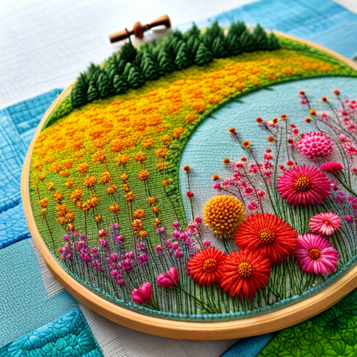 embroidery, pattern, wildflower, meadow, cross-stitch, delicate, intricate, floral, threadwork, handcrafted, textile, vintage, botanical, natural, plant, field, nature-inspired, stitched, needlework, colorful, traditional, handmade, stitches, craft, meandering, springs, blossoms