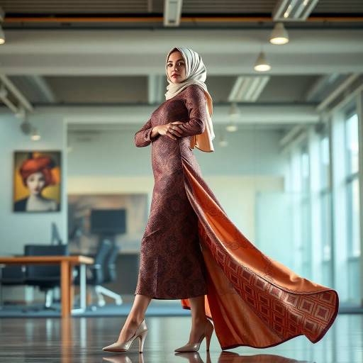 elegant Arab woman, professional attire, modern workplace, high heels, Middle Eastern influence, contemporary art style, intricate patterns, vibrant color palette, soft ambient lighting, cultural expression, dynamic posing, delicate textiles, confidence, empowerment, sophistication, grace, diverse cultural representation, cultural fusion, impressionism influences, human form depiction, balance and harmony, dynamic office environment, elegance, poise, detailed craftwork, modernism, cultural narrative, harmonious composition, vibrant textures