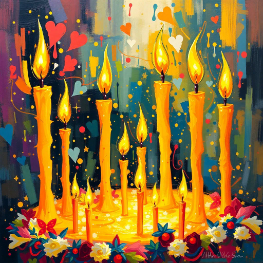 celebration of life, thirty candles, impressionistic, bold brushstrokes, vibrant hues, radiant illumination, renaissance influence, dynamic movement, joyous atmosphere, cultural symbolism, temporal reflection, emotional warmth, intricate patterns, golden glows, reflective surfaces, modern interpretation, numeral representation, festive elements, lively composition