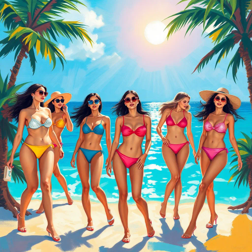 elegant ladies, bikinis, vibrant tropical scene, impressionism, soft brushstrokes, contemporary summer fashion, Henri Matisse influences, vivid colors, azure blue, coral pink, radiant sunshine, carefree mood, dynamic composition, fluid movement, artistic expression, diverse body types, ocean backdrop, playful atmosphere, multicultural influences, high contrast, light and shadow play, breezy textures, beachside elegance, panoramic view, leisure lifestyle, 21st-century visual storytelling