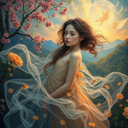 ethereal beauty, youthful elegance, surreal landscape, intricate details, vibrant hues, soft lighting, dreamlike atmosphere, Gustav Klimt, Renaissance influence, mystical aura, flowing garments, delicate features, natural elements, harmonious composition, rich textures, emotional depth, romanticism, dynamic movement, celestial themes, ethereal glow