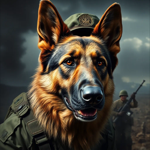 German shepherd, military theme, dynamic action, realistic textures, dramatic lighting, soldier in uniform, battlefield scenery, hyper-realistic fur detail, contrast, tension, Alex Ross, cinematic framing, bold composition, emotional intensity, movement, war-torn landscape, contemporary realism, powerful symbolism, strength, courage, protective stance, close-up perspective, muted color palette, storytelling elements, visual narrative, artistic influences, intense mood, sharp focus, intricate detail, dramatic shadow, polished finish, historical context, layered narrative