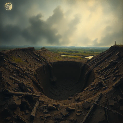 World War I, battlefield, shell hole, destruction, historical conflict, realism, Henri Rousseau, chiaroscuro lighting, somber mood, earth tones, dramatic perspective, craters, landscape, war-torn terrain, textured soil, immersive depth, metaphoric emptiness, poignant silence, layered composition, impressionist influences, reflective atmosphere, muted colors, raw textures, turbulent history, emotive impact, tension, ruins, nature reclaiming, symbolic void, desaturated hues, visual storytelling