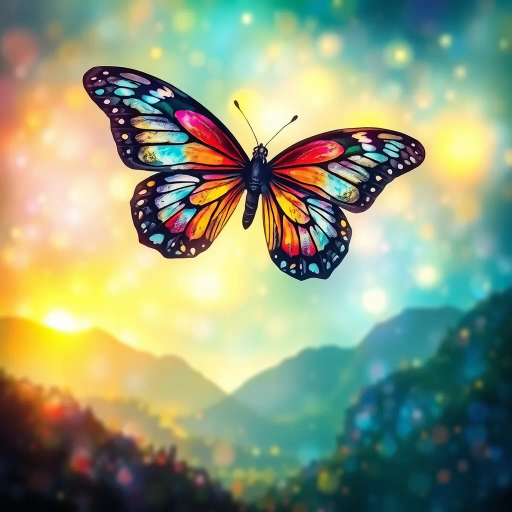 butterfly, ethereal wings, vibrant colors, surreal landscape, fantasy realism, intricate patterns, stained glass effect, luminous glow, delicate beauty, hovering motion, imaginative wildlife, magical atmosphere, impressionist influence, Claude Monet, shimmering light, dreamlike scene, whimsical elegance, enchanted environment, atmospheric perspective, nature's wonder, artistic surrealism, captivating flight, fluid movement, airy grace, mystical aura, detailed textures