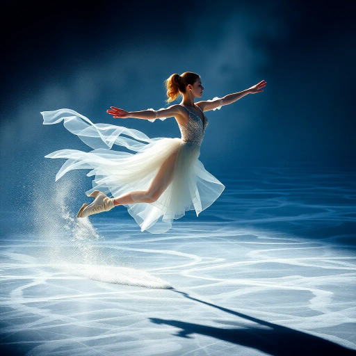 graceful figure skater, gliding across icy surface, winter chill, olympic spirit, dynamic movement, serene concentration, elegant pose, flowing ice, misty breath, ethereal lighting, dramatic shadows, crystalline textures, contemporary style, precision artistry, inspired by Degas and Mucha, soft blue and white palette, delicate balance, rhythmic motion, emotional resonance, global unity, panoramic perspective, intricately detailed, harmonious composition, captivating grace, spirit of competition