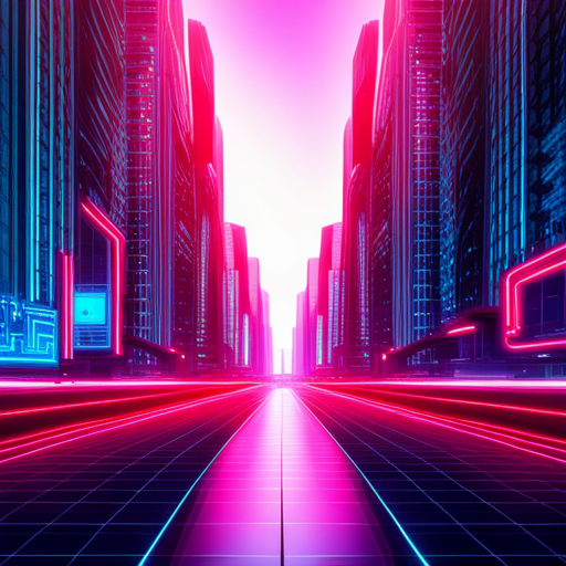 neon lights, glitch effects, sci-fi, retro-futurism, artificial intelligence, circuit boards, maximalism, surrealist landscapes, vibrant colors, cyberpunk, futuristic architecture, motion graphics