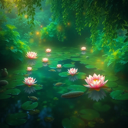 surreal, mystical pond, vibrant greens, enchanting glow, Claude Monet, luminescent hues, water lilies, whimsical, ethereal atmosphere, dense foliage, amphibious creature, magical realm, intricate textures, soft focus, impressionistic, dreamlike, harmonious balance, nature's palette, tranquility, immersive scene, whimsical landscape