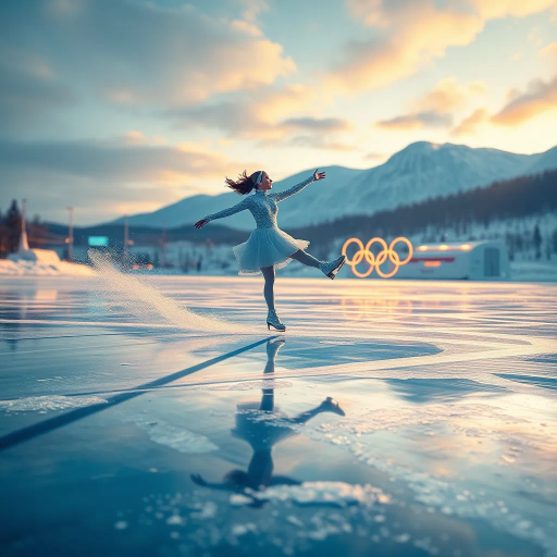 winter landscape, graceful skater, Olympic competition, dynamic motion, surreal elegance, glistening ice, dramatic lighting, vibrant colors, fluid movement, delicate balance, modern artistry, celebratory atmosphere, sportsmanship, international influence, precise technique, Alexander Calder inspiration, futuristic design, cold palette, geometric patterns, sweeping lines, epic scale, abstract realism, vivid textures, harmonious composition