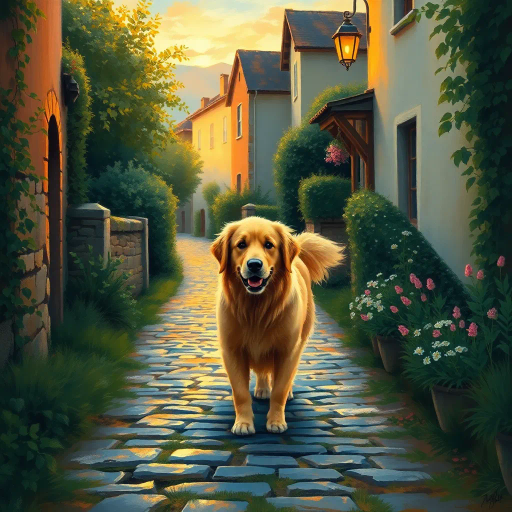 golden retriever, strolling peacefully, along a cobblestone path, Claude Monet influences, ethereal lighting, vibrant hues, rich textures, dynamic movement, pastoral scenery, Impressionist brushstrokes, warm sunset glow, emotional serenity, playful elegance, lush greenery, narrative composition, naturalistic detail, charming village, Timeless elegance, Edward Hopper's narrative style, vivid storytelling