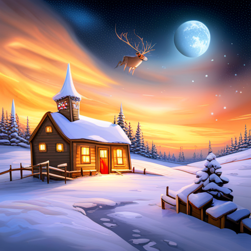 reindeer, santa, delivering presents, winter, holiday, magical, flying, sleigh, chimney, snowy landscape, festive, joy, gift-giving, red-nosed, Rudolph, Santa Claus, jolly, elves, workshop, snowflakes, starry night, Christmas