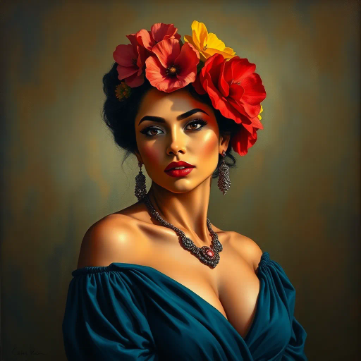 Latino woman, captivating, allure, Diego Rivera, contemporary elegance, chiaroscuro lighting, dynamic composition, vibrant colors, smooth textures, oil painting technique, cultural richness, expressive mood, three-quarter view, flowing movement, rich heritage, intimate scale, natural materials, focused framing, organic shapes, delicate line quality, symbolic expression, spacious setting, modern time period, intricate detail, artistic synthesis, intentional presentation