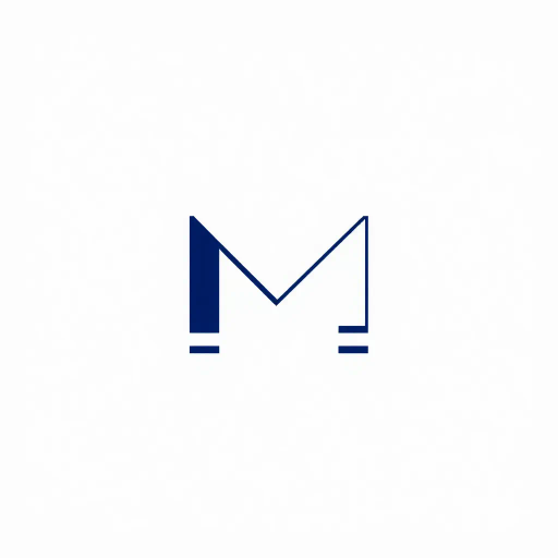 bold M logo mark, solid geometric letter, structured layers, subtle thin horizontal connector lines, indigo on white, modern minimal SaaS branding, flat vector, modernist simplicity, Bauhaus influence, clean design, minimalist aesthetics, structured composition, primary color palette, geometric precision, visual balance, negative space utilization, corporate identity, digital branding, contemporary design language, clarity in form