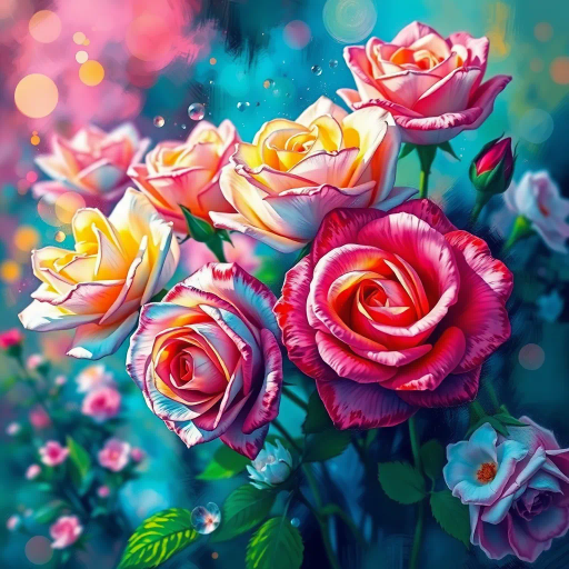 multi-colored roses, vibrant petals, kaleidoscope of hues, Van Gogh-inspired, Impressionist brushwork, ethereal glow, surrealism, radiant light, blooming flowers, lush greenery, whimsical garden, abstract forms, dreamlike atmosphere, vivid contrasts, fluid motion, delicate textures, pastel tones, harmonized palette, nature's elegance, contemporary digital techniques, romanticism, visual poetry, botanical art, dynamic composition, emotional resonance, immersive experience