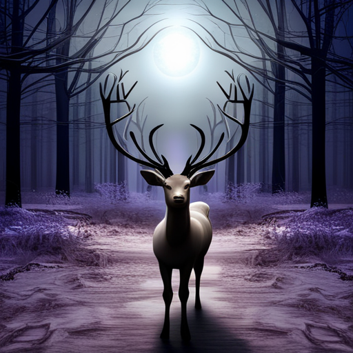 mystical, enchanted, mythical creature, winter, Christmas, animal, deer, antlers, snow, forest, magical, ethereal, folklore, Nordic, reindeer, sleigh, Santa Claus, holiday, wonder, beauty, nature, adventure, fantasy