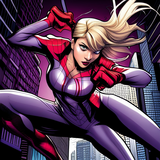 Gwen Stacy, Ghost-Spider, Spider-Gwen, Marvel, superhero, comic book, digital art, vibrant colors, dynamic poses, web-slinging, action-packed, alternate universe, teenage, street art, graffiti, mask, hood, parallel dimensions, New York City, Spider-Verse, spider powers, Peter Parker, heartbreak, multi-dimensional travel, spider-sense