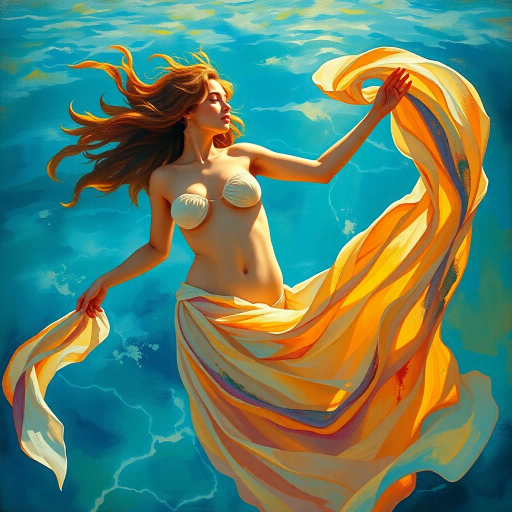 graceful, ethereal, sunlit, renaissance, Botticelli-inspired, vibrant colors, flowing fabric, soft contours, abstract realism, oceanic background, azure hues, delicate brushstrokes, dynamic composition, sun-kissed, serene expression, liberating movement, artistic nudity, impressionistic textures, harmonious balance, timeless beauty, emotive palette, chiaroscuro lighting, cultural diversity, immersive perspective, transcendent elegance, radiant illumination, ethereal glow, harmonious rhythm, soft transitions, sublime light, cultural tapestry, visual poetry, serene harmony, dreamlike atmosphere, radiant illumination, dynamic composition, emotive palette