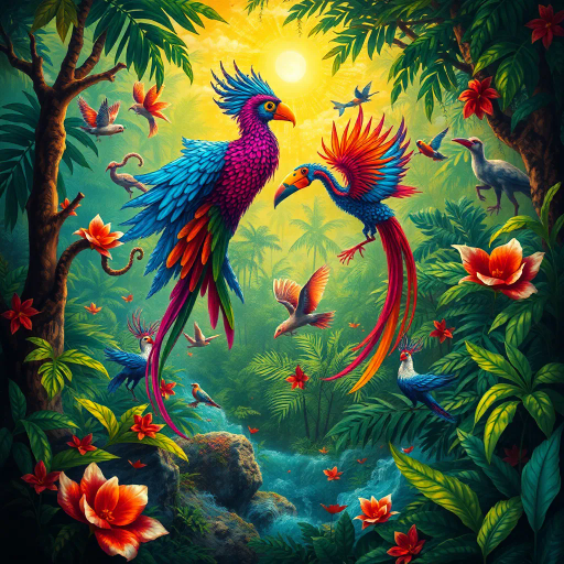 vibrant rainforest, carnival energy, tropical palette, intricate textures, Gustavo Rosa, surrealism, expressive forms, dynamic movement, colorful feathers, mystical beings, atmospheric perspective, lush foliage, samba rhythms, cultural tapestry, radiant lighting, whimsical creatures, vibrant celebrations, exotic wildlife, lively atmosphere, magical realism, imaginative scenery, rhythmic patterns, bold silhouettes