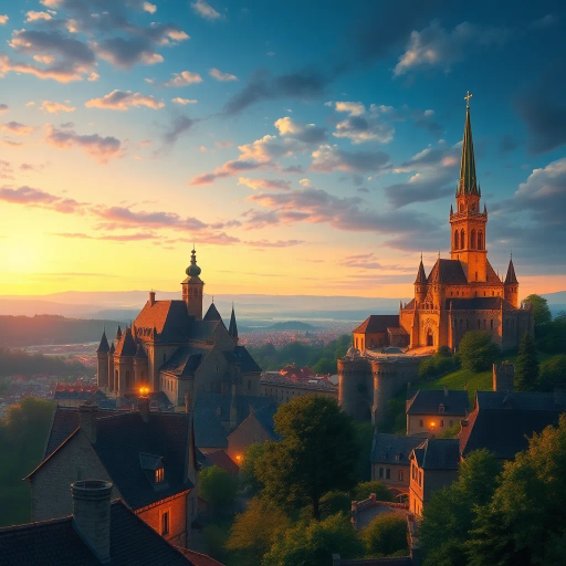 medieval cityscape, glowing twilight, perched on hilltop, vibrant colors, Claude Lorrain influence, golden hour lighting, ethereal atmosphere, lush landscapes, towering spires, intricate architecture, cobblestone streets, panoramic views, sweeping vistas, rich texture, romanticism, detailed engravings, enchanting aura, timeless beauty, serene ambiance, historical roots, narrative storytelling, mystical realm, elevated perspective, imaginative vision, dreamlike setting, magical realism, atmospheric haze, visual poetry, harmonious balance, artistic expression, visionary landscape, fantasy essence, enchanting visuals, Claude Monet inspiration, Baroque influence, tapestry of color, luminous glow, enchanting spell, whimsical charm, historical narrative, romantic era, pastel hues, soft shadows