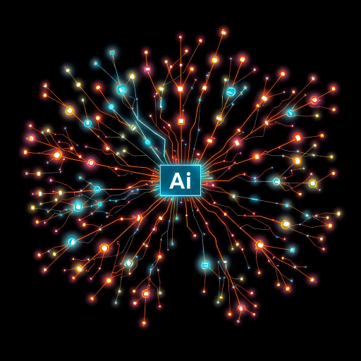 futuristic ai mind map, digital networks, interconnected nodes, vibrant colors, neural pathways, technology-inspired, abstract shapes, cybernetic theme, intricate patterns, artificial intelligence, contemporary design, computer graphics, minimalist aesthetic, dynamic flow, interconnected lines, data visualization, glowing elements, conceptual art, modern futurism, digital connectivity
