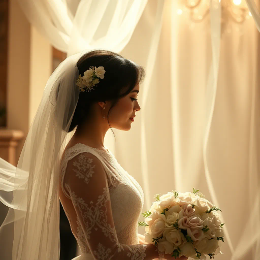 ethereal ceremony, luminous lighting, intricate lace, impressionist influences, romantic era, pastel palette, delicate textures, candid composition, serene mood, enchanting ambiance, flowing movement, poetic symbolism, timeless elegance, chiaroscuro effects, intimate framing, high detail, cultural heritage, tender emotion, soft gaze, floral motifs, rich tapestry, evocative storytelling, contrasting light and shadow