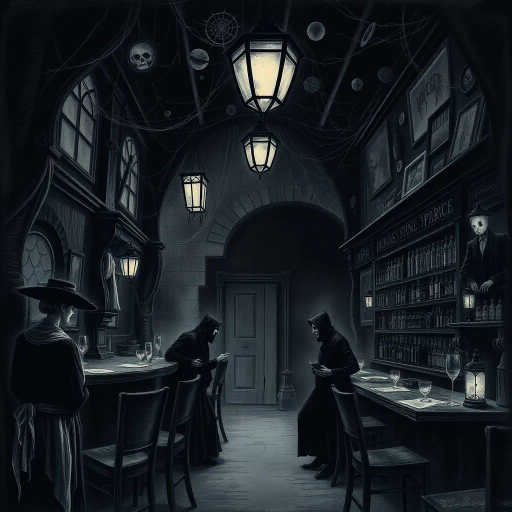 haunted tavern, eerie atmosphere, Gothic architecture, translucent specters, dim candlelight, John Atkinson Grimshaw influence, Victorian era, shadowy corners, spectral patrons, mystical glow, cobweb-laden rafters, misty ambiance, chiaroscuro contrasts, haunted past, ghostly whispers, weathered wood textures, melancholic mood, surreal distortions, evocative storytelling, vintage charm, chilling presence