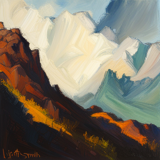 majestic peaks, rugged terrain, atmospheric perspective, muted colors, Impressionism, Hudson River School, light and shadow, texture, acrylic paint, landscape painting, naturalism, serenity, grandeur, scale, plein air, rocky outcroppings, dramatic sky, asymmetry, depth, soft brushstrokes, tranquility, pixel art, atmospheric lighting