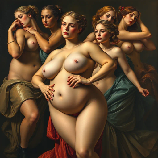 voluptuous figures, celebration of curves, renaissance influences, chiaroscuro lighting, vibrant colors, soft textures, sensual movement, feminine power, body positivity, bold composition, dynamic lines, emotive expression, warmth and depth, lush landscapes, ethereal light, modern interpretation, cultural richness, intricate details, expressive brushstrokes, artistic celebration